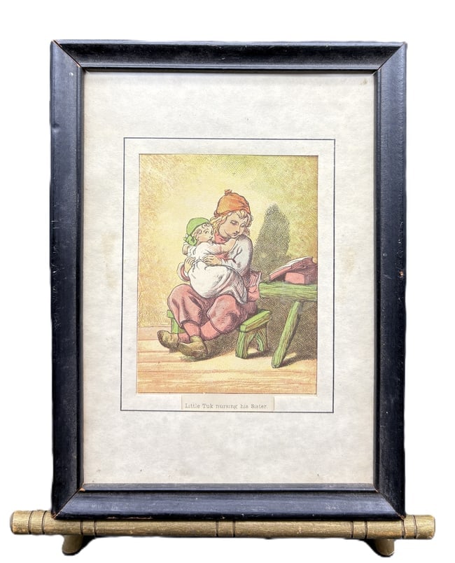 Vintage Framed Nursery Print "Little Tuck Nursing His Sister": Date/Period: UNKNOWN Dimension: Framed size approx: 5.75"w x 7.5" t Material: mixed materials Additional Information: Sweet vintage framed nursery print titled "Little Tuck Nursing His Sister." This