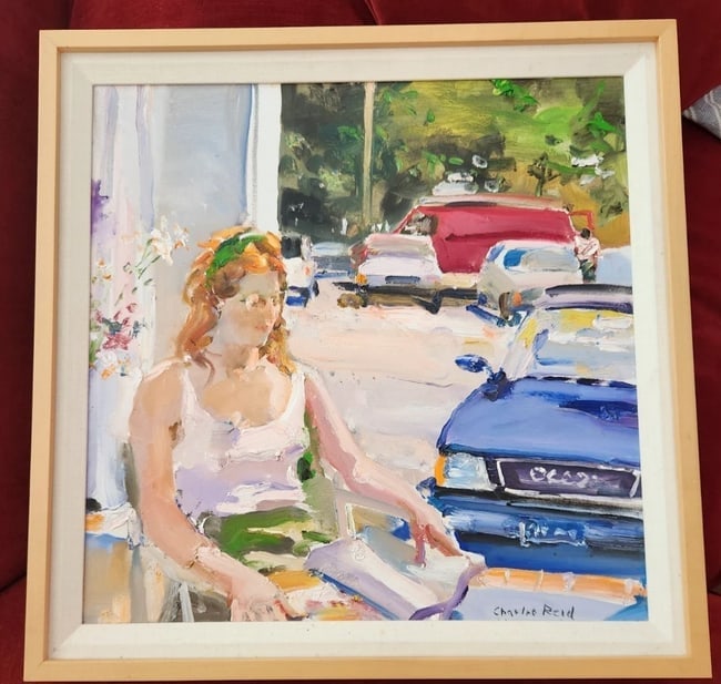 oil painting Woman At Window Flowers Cars Charles Reid (1937-2019): Great looking piece in excellent condition. Oil on canvas. Highest prices for this artist are flower scenes. There are flowers beside her. Measures 20 x 20" plus frame. Shipping: Domestic: Flat-rate