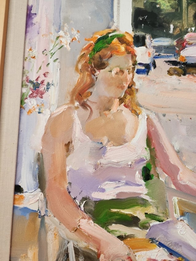 oil painting Woman At Window Flowers Cars Charles Reid (1937-2019) - 2