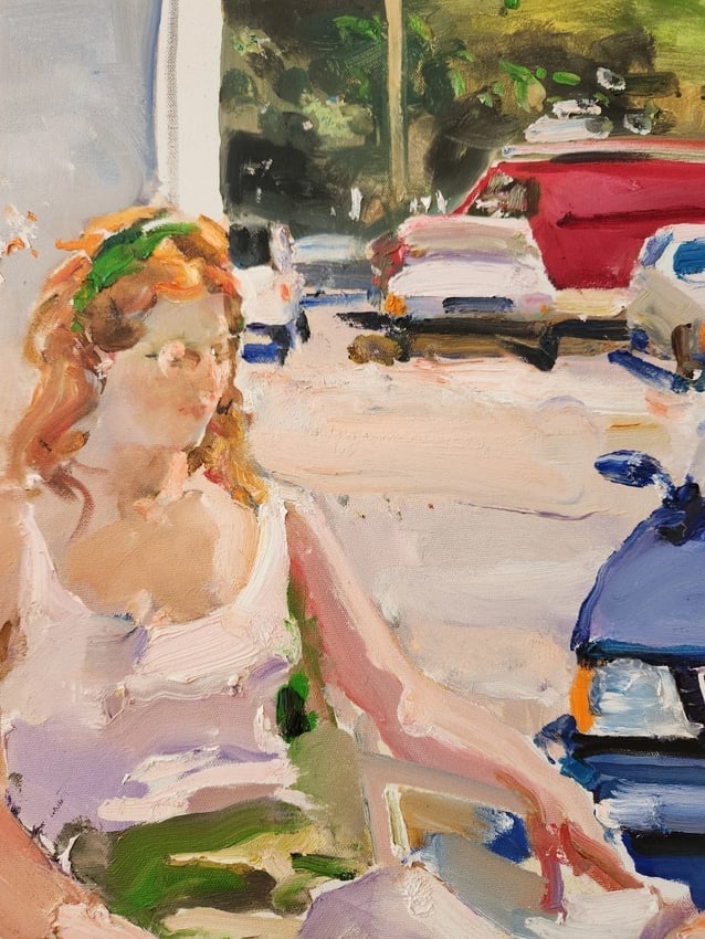 oil painting Woman At Window Flowers Cars Charles Reid (1937-2019) - 4