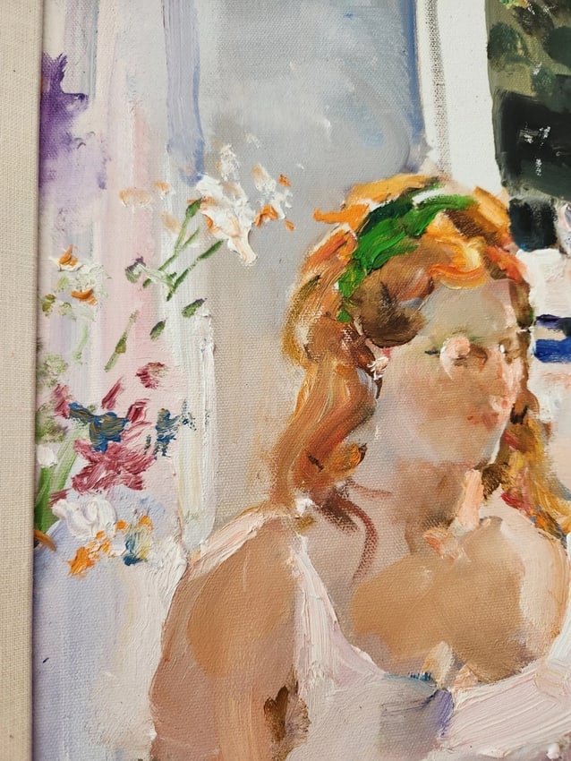 oil painting Woman At Window Flowers Cars Charles Reid (1937-2019) - 5