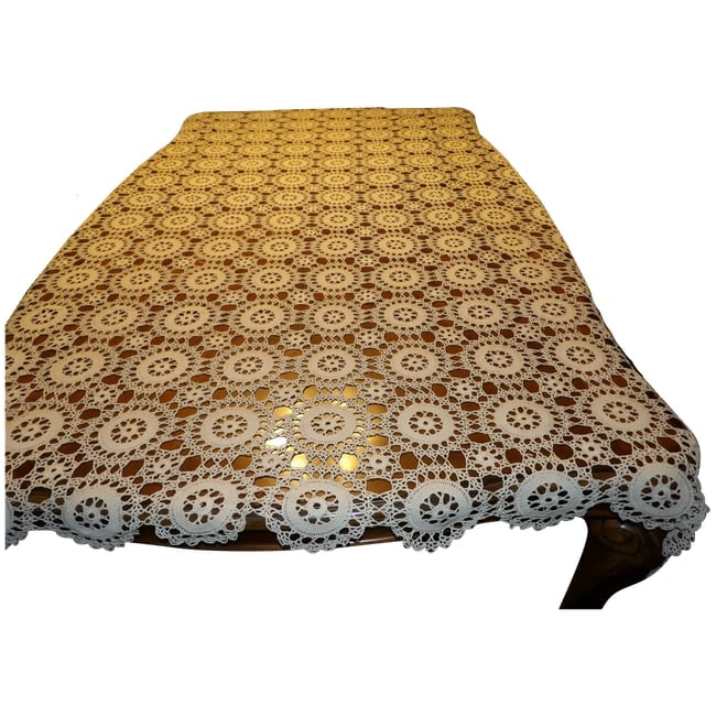 Heavy Cotton Crochet Tablecloth: This is a fantastic Heavy Cotton Crochet Tablecloth. NO visible problems such as loose connections, stains, or loose threads. It measures 84 1/2" x 70" and fits the contour of any table it is used on.