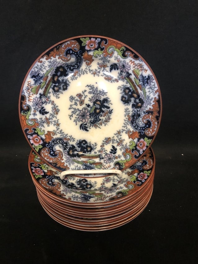 12 Corey Hill 8 1/8" Flow Blue Polychrome Plates: They all measure 8 1/8" and are marked. They have no chips, cracks or repairs. They have very good color. The plates will be mailed out in two separate boxes to avoid breakage Shipping: Domestic: