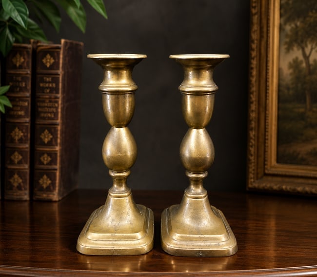 Vintage Pair Brass Adjustable Candlesticks Candle Holders Square Base: Date/Period: Approx. 1950-70's Dimension: Approx. 7 x 3.75 x 3 Material: brass Additional Information: Add a touch of vintage elegance to your living space with this exquisite pair of candle holders.