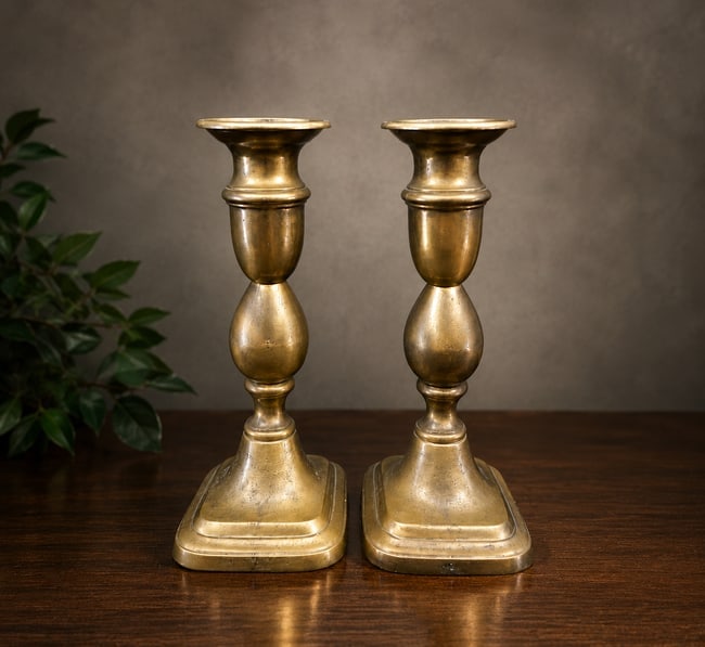 Vintage Pair Brass Adjustable Candlesticks Candle Holders Square Base - 5