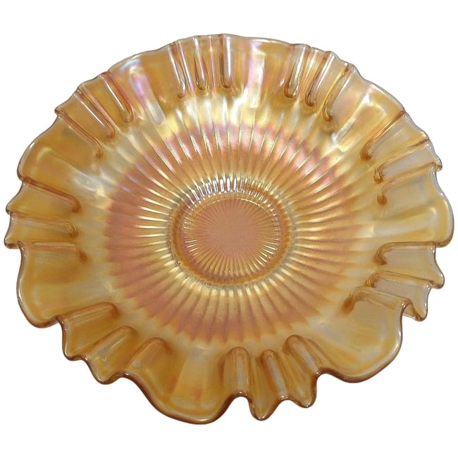 Vintage Iridescent Carnival Glass Bowl with Rays: This Vintage Iridescent Carnival Glass Bowl with Rays is in very good condition. It does have straw lines around the base but no chips, etc. It measures 9" x 2 1/4". Maker unknown. Shipping:
