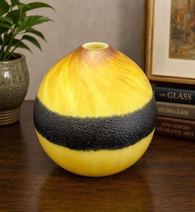 Art Glass Vase Yellow Black Cased Glass Studio Art Bud Vase Modern Organic Form: Date/Period: Late 20th Century, circa 1980s-2000s Dimension: Approx. 8" tall x 7.5" diameter Material: glass Additional Information: A striking piece of contemporary studio art glass featuring a warm