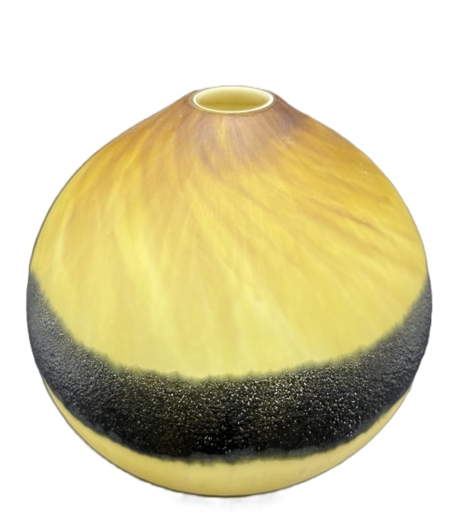 Art Glass Vase Yellow Black Cased Glass Studio Art Bud Vase Modern Organic Form - 7