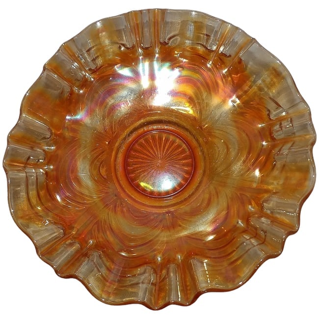 Fenton Marigold Carnival Glass 3-1 Pie Crust Edge Bowl: This Fenton Marigold Carnival Glass 3-1 Pie Crust Edge Bowl is in very good condition. It does have utensil marks but they do not distract from the overall beauty of the item. It measures 8 3/4" x 2