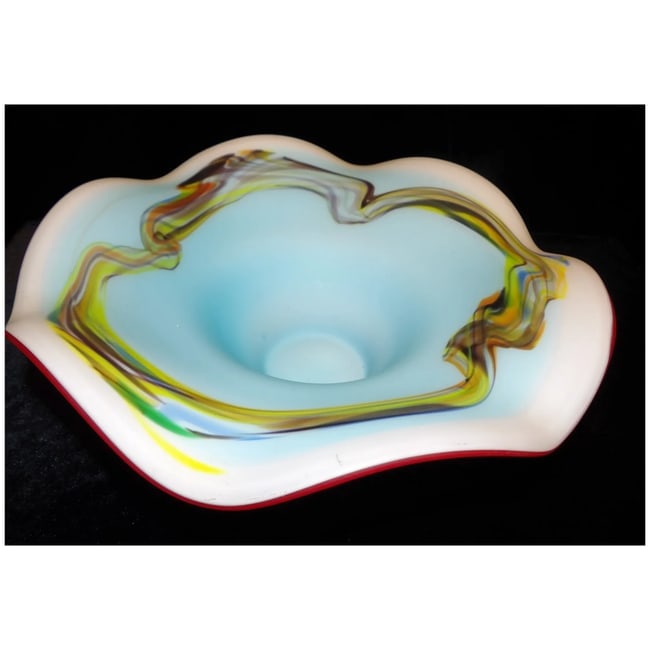 Art Glass Bowl-Frosted Blue Satin Matte Swirl Paint - 3