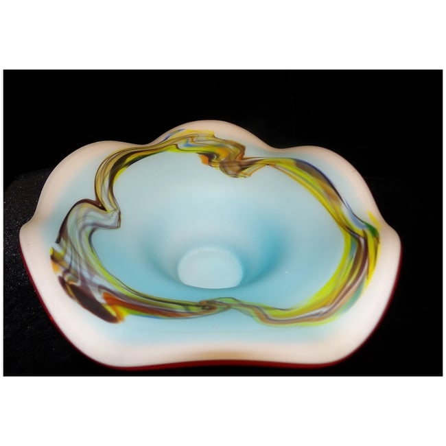 Art Glass Bowl-Frosted Blue Satin Matte Swirl Paint - 6