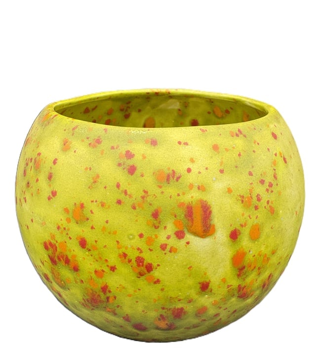Signed Studio Art Pottery Bowl Vase Lime Green Red Speckled Glaze 5": Date/Period: unknown Dimension: Approx. 5" x 5" Material: pottery Additional Information: A striking signed studio art pottery vessel featuring a vibrant lime green glaze accented with scattered red