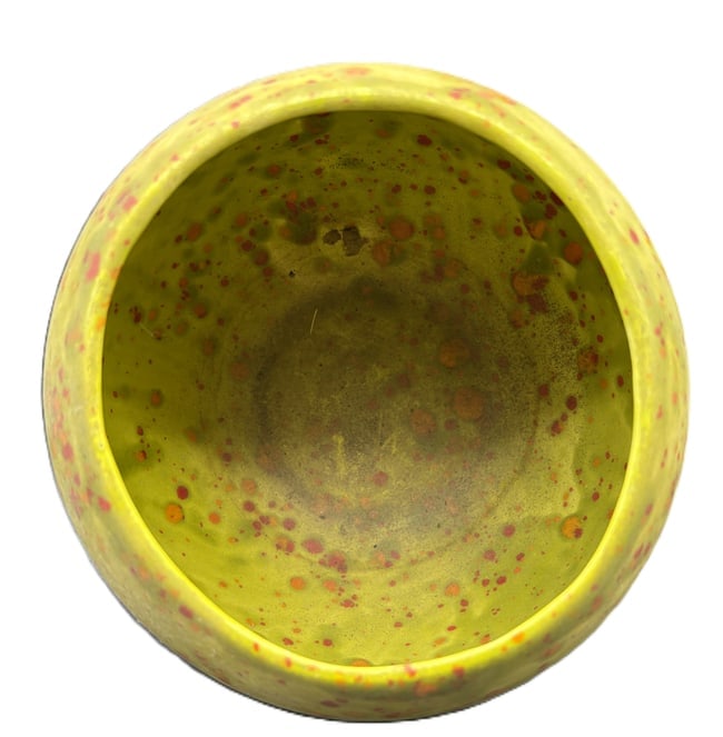 Signed Studio Art Pottery Bowl Vase Lime Green Red Speckled Glaze 5" - 3
