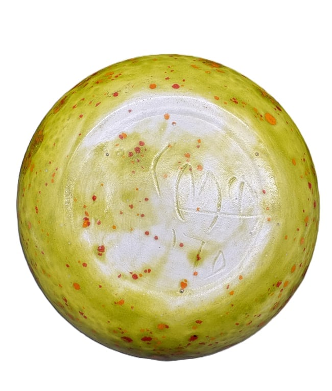 Signed Studio Art Pottery Bowl Vase Lime Green Red Speckled Glaze 5" - 4