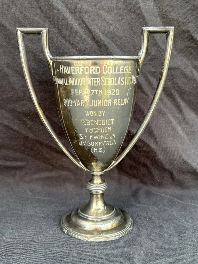 1920 Haverford College 800yd Dash Loving Cup Trophy Haverford Pa: It measures 7" x 5 1/8" and is dated 1920. It has wear as shown in the photos Shipping: Domestic: Flat-rate of $15.00 to anywhere within the contiguous U.S. International: Foreign shipping rates are