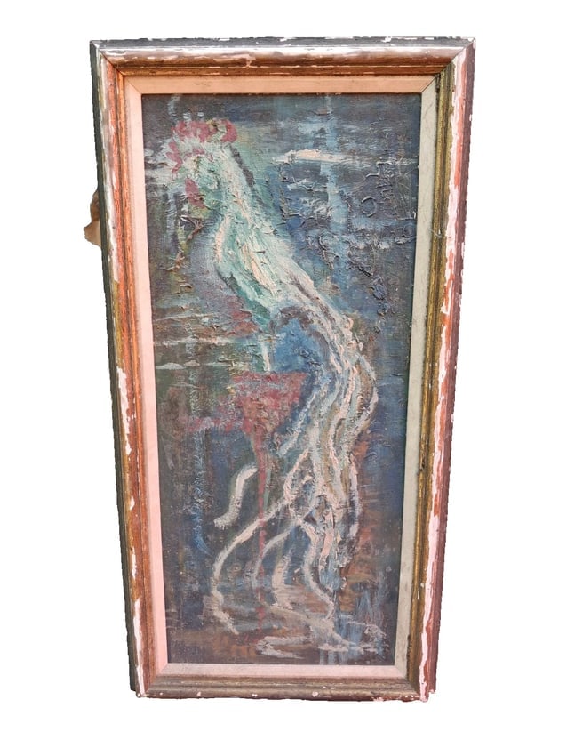 oil painting Rooster Impressionist 1920 Chicken Farm: Great looking piece in excellent condition. On board. Love the impressionist look to this piece. . Measures 11 x 24" plus frame. Shipping: Domestic: Flat-rate of $40.00 to anywhere within the