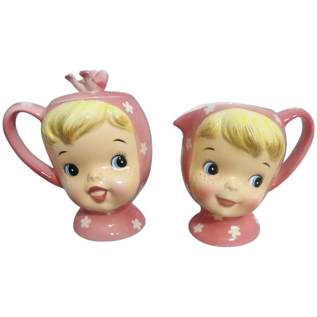 Vintage 1950's Napco 'Miss Cutie Pie' Sugar & Creamer (Pink) - Japan A35007/PI: This Vintage 1950's Napco 'Miss Cutie Pie' Sugar & Creamer (Pink) - Japan is in near MINT condition except for one very small chip on lid of sugar (see photo). They are hand painted under glaze so