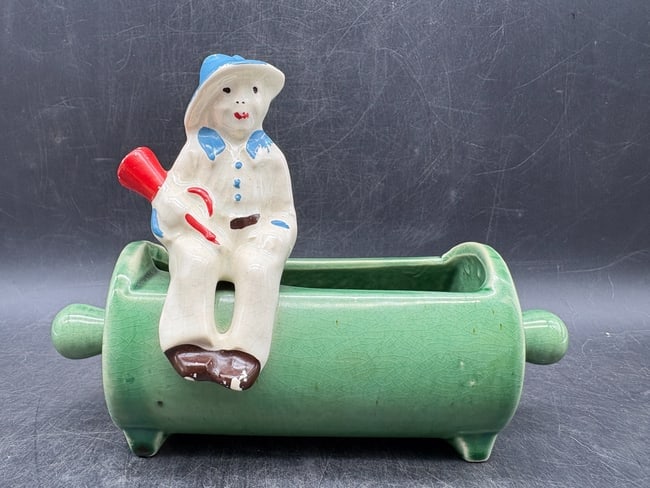 Vintage 1952 McCoy Rolling Pin Planter with Seated Farmer Figure Green Pottery - 3