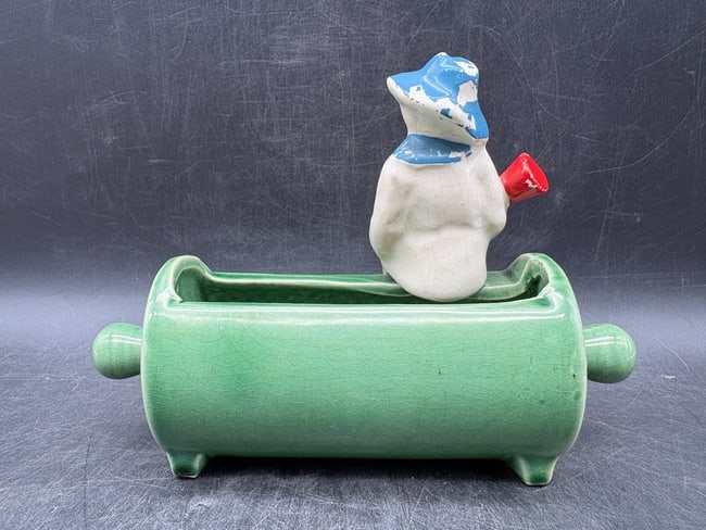 Vintage 1952 McCoy Rolling Pin Planter with Seated Farmer Figure Green Pottery - 5