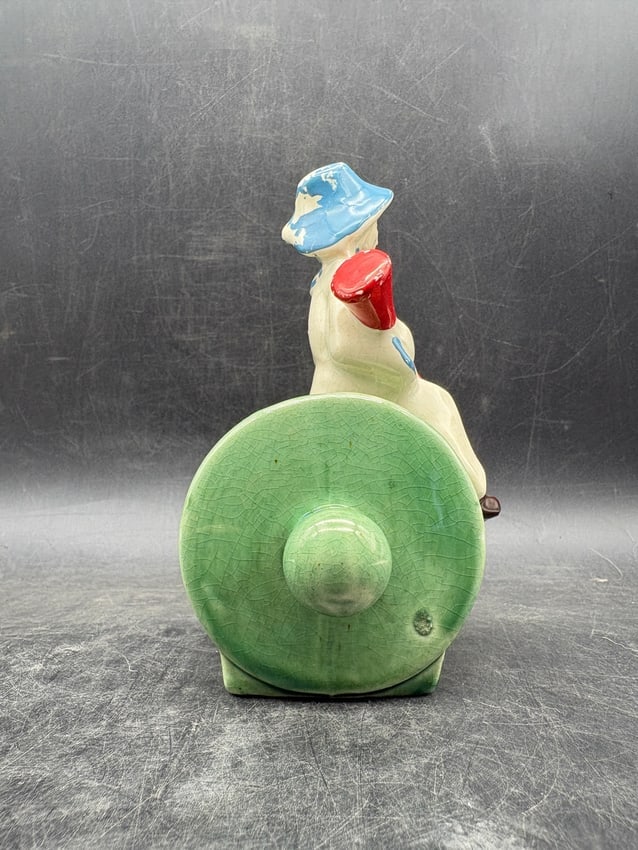 Vintage 1952 McCoy Rolling Pin Planter with Seated Farmer Figure Green Pottery - 6