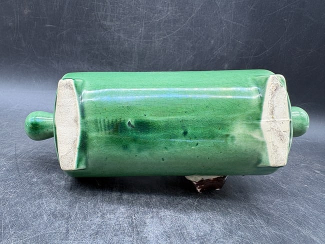 Vintage 1952 McCoy Rolling Pin Planter with Seated Farmer Figure Green Pottery - 8