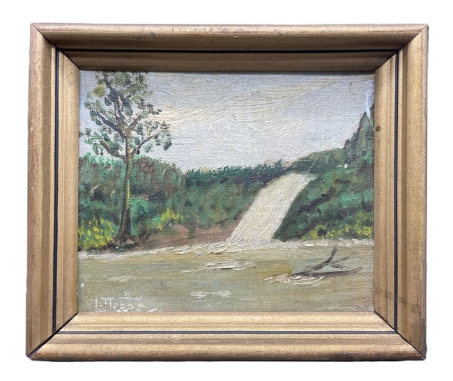 Primitive Waterfall Original Oil Painting Signed Hobbs: Date/Period: unknown Dimension: Approx. 7.25" x 6.25" Material: Oil on board Additional Information: Primitive Deminutive Waterfall Painting Signed Hobbs Shipping: Domestic: Flat-rate of $12.00 to any
