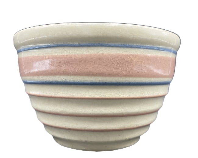 McCoy Pottery USA Ovenware Pink Blue Bands Beehive Mixing Bowl 5.5": Date/Period: Approx 1930-40's Dimension: Approx. 5.5" diameter x 3.25" tall Material: pottery/ceramic Additional Information: McCoy Pottery USA Ovenware Pink Blue Ribbed Design Beehive Mixing Bowl/
