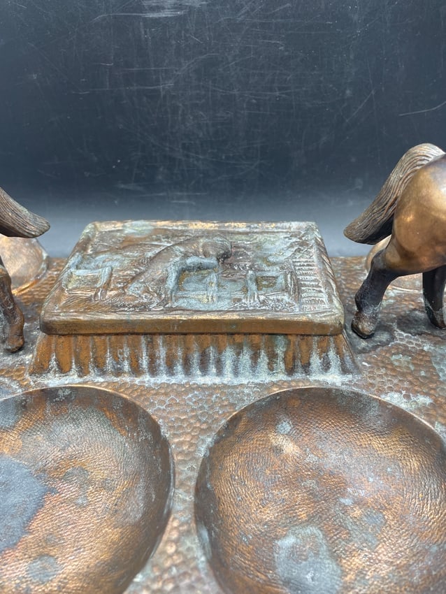 Vintage Cast Western, Equestrian Theme Two Horse Double Pipe Rest & Ashtray w Cast Covered Box - 3