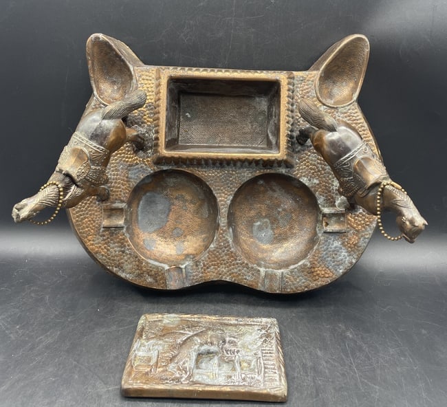 Vintage Cast Western, Equestrian Theme Two Horse Double Pipe Rest & Ashtray w Cast Covered Box - 6