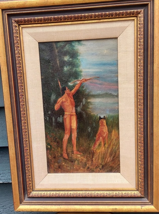 Native AMERICAN oil Painting 1950 Hunting With Dog: Great looking piece in excellent condition. Guessing from 1950's . Measures 8 x 14" without frame . Shipping: Domestic: Flat-rate of $30.00 to anywhere within the contiguous U.S. International: