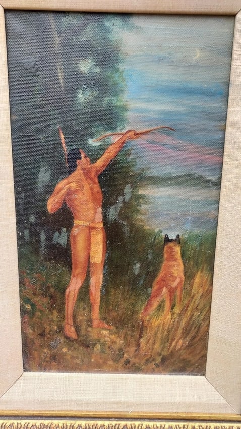 Native AMERICAN oil Painting 1950 Hunting With Dog - 2