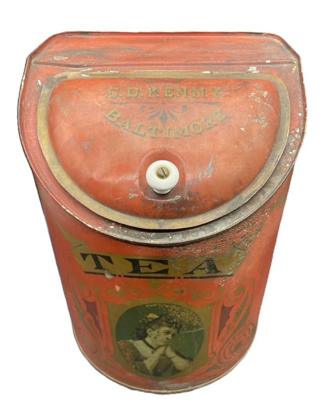Antique CD Kenny Country General Store Tea Tin Bin Beautiful Graphics Baltimore MD: Date/Period: Approx early 1900's Dimension: Approx. 10" tall x 8.25" x 8" Material: metal Additional Information: This antique metal tin coffee sales bin from the 1900s is a unique piece of