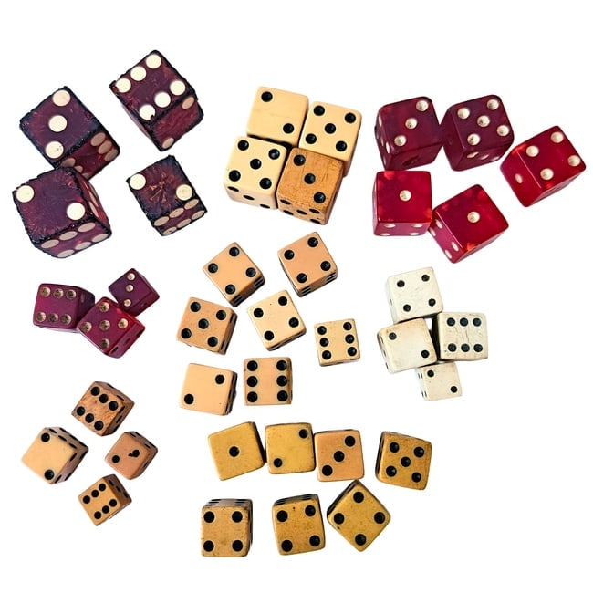 Collection of Vintage Gaming Dice of Various Materials including Catalin/Bakelite, Lucite, and Wood. (1 of 6)