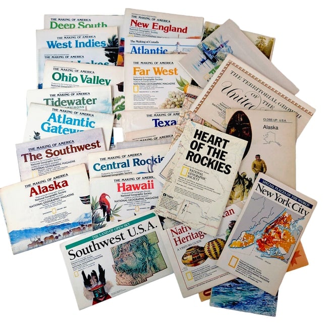 Collection of Vintage National Geographic Maps and Brochures Circa 1980's: Title: Collection of Vintage National Geographic Maps and Brochures Circa 1980's Description: Mostly regions of the United States and North America. These were included as supplements to the National 