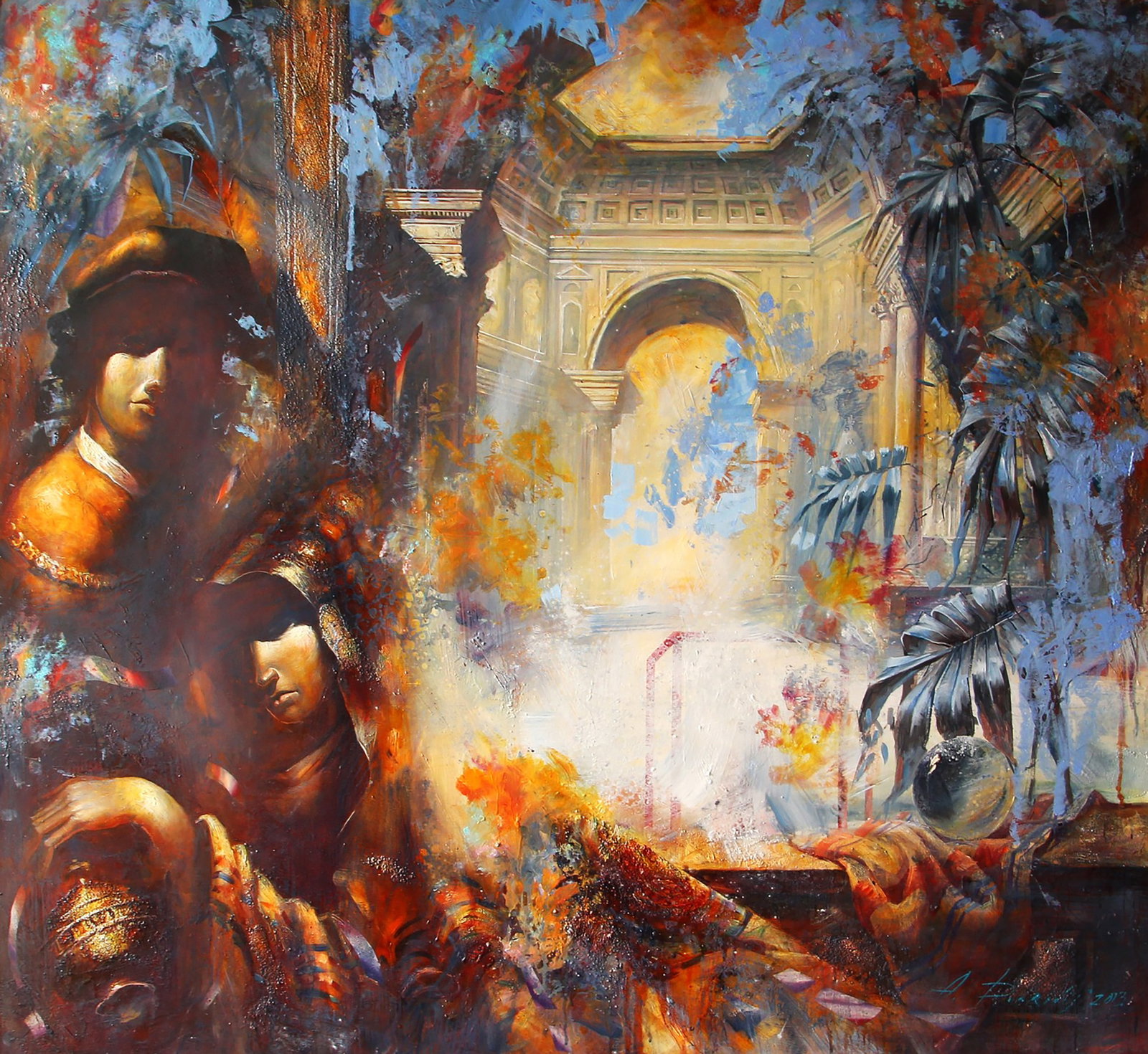 Oil painting Two in a classic interior Alexander Dobrodiy: Title: Oil painting Two in a classic interior Alexander Dobrodiy Description: 11DOBROD Painter: Alexander Dobrodiy Size: 110x120 cm/43.30x47.24 inches Components: oil, canvas Original painting