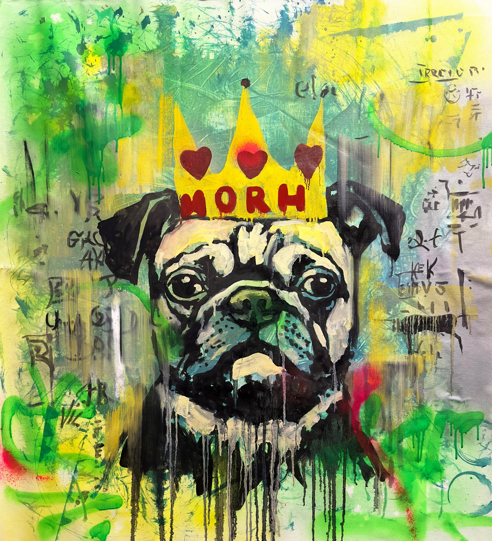 Acrylic painting Pug Anatoliy Menkiv: Title: Acrylic painting Pug Anatoliy Menkiv Description: 40MENK Painter: Anatoliy Menkiv Size: 77x87 cm/30.31x34.25 inches Components: acrylic, canvas Original painting - series Noise of the Street