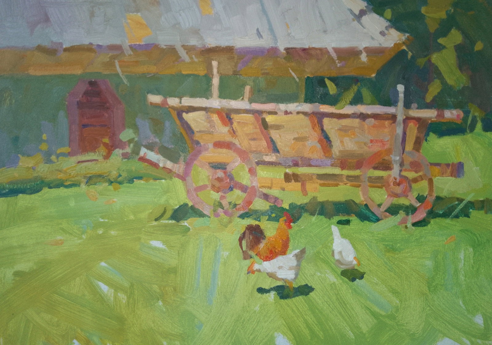 Oil painting In the village yard Igor Tuzhikov: Title: Oil painting In the village yard Igor Tuzhikov Description: 32TUZHIK Painter: Igor Tuzhikov Size: 25x35 cm/9.84x13.77 inches Components: oil, cardboard Original painting CONDITION: excellent AR