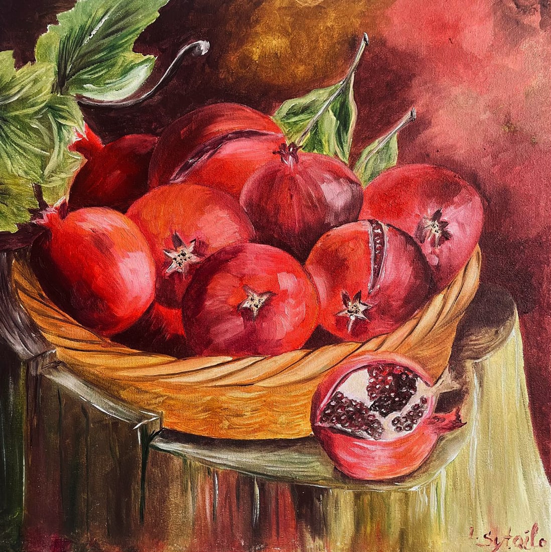 Oil painting The Generosity of a Pomegranate Basket Irina Sitaylo: Title: Oil painting The Generosity of a Pomegranate Basket Irina Sitaylo Description: 5SITA Painter: Irina Sitaylo Size: 40x40 cm/15.74x15.74 inches Components: oil, canvas Original painting