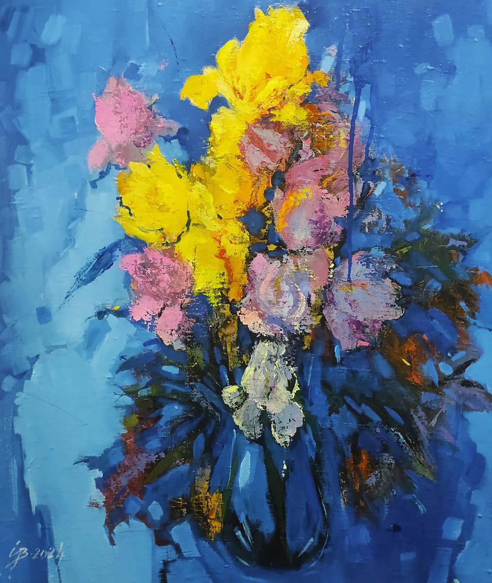 Oil painting Blooming Irises in Blue Stepan Verbeshchuk: Title: Oil painting Blooming Irises in Blue Stepan Verbeshchuk Description: 12VERBESH Painter: Stepan Verbeshchuk Size: 70x60 cm/27.55x23.62 inches Components: oil, canvas Original painting