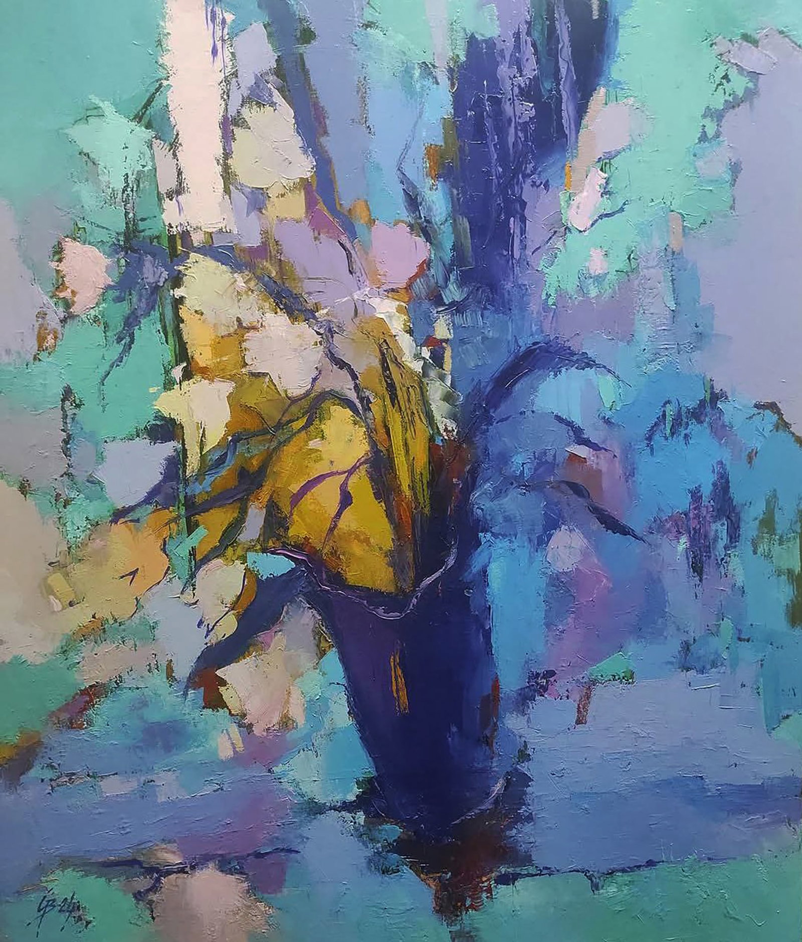 Oil painting Just Flowers in a Blue Vase Stepan Verbeshchuk: Title: Oil painting Just Flowers in a Blue Vase Stepan Verbeshchuk Description: 29VERBESH Painter: Stepan Verbeshchuk Size: 70x60 cm/27.55x23.62 inches Components: oil, canvas Original painting