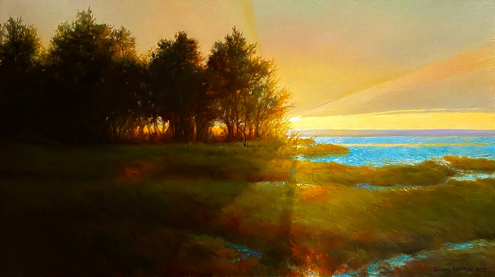 Oil painting Evening landscape Kateryna Bukuros: Title: Oil painting Evening landscape Kateryna Bukuros Description: 3BUKUR Painter: Kateryna Bukuros Size: 45x80 cm/17.71x31.49 inches Components: oil, canvas Original painting CONDITION: excellent AR