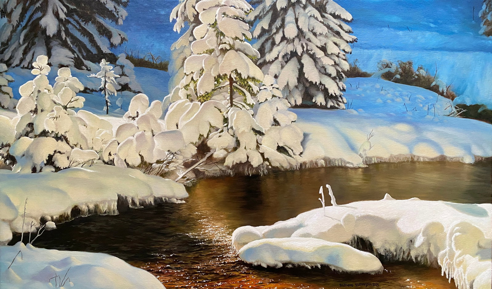 Oil painting Winter forest Kateryna Bukuros: Title: Oil painting Winter forest Kateryna Bukuros Description: 5BUKUR Painter: Kateryna Bukuros Size: 45x75 cm/17.71x29.52 inches Components: oil, canvas Original painting CONDITION: excellent