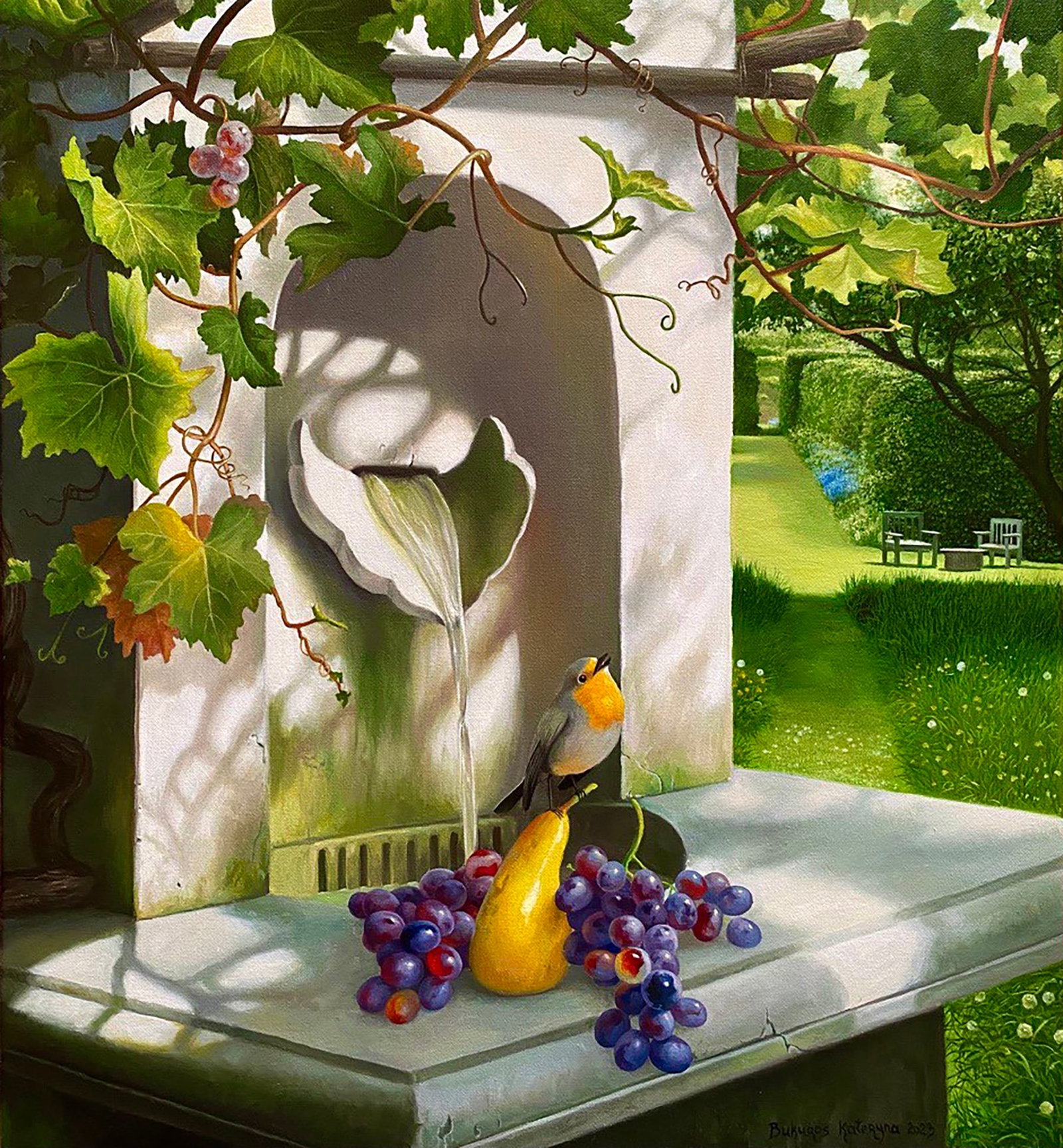 Oil painting Garden with a fountain Kateryna Bukuros: Title: Oil painting Garden with a fountain Kateryna Bukuros Description: 8BUKUR Painter: Kateryna Bukuros Size: 60x55 cm/23.62x21.65 inches Components: oil, canvas Original painting CONDITION: