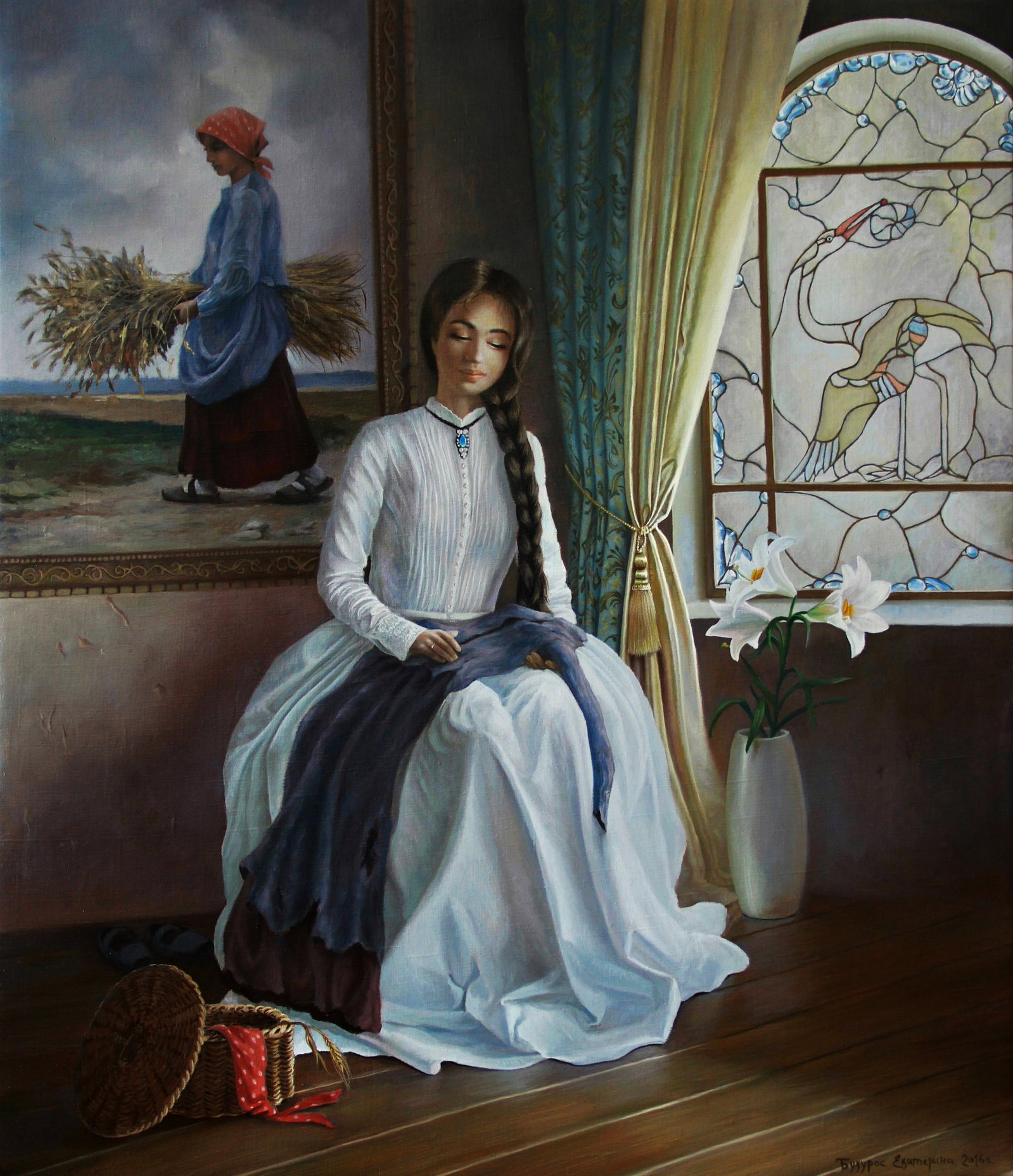 Oil painting A Little Parable Kateryna Bukuros: Title: Oil painting A Little Parable Kateryna Bukuros Description: 18BUKUR Painter: Kateryna Bukuros Size: 70x60 cm/27.55x23.62 inches Components: oil, canvas Original painting CONDITION: excellent