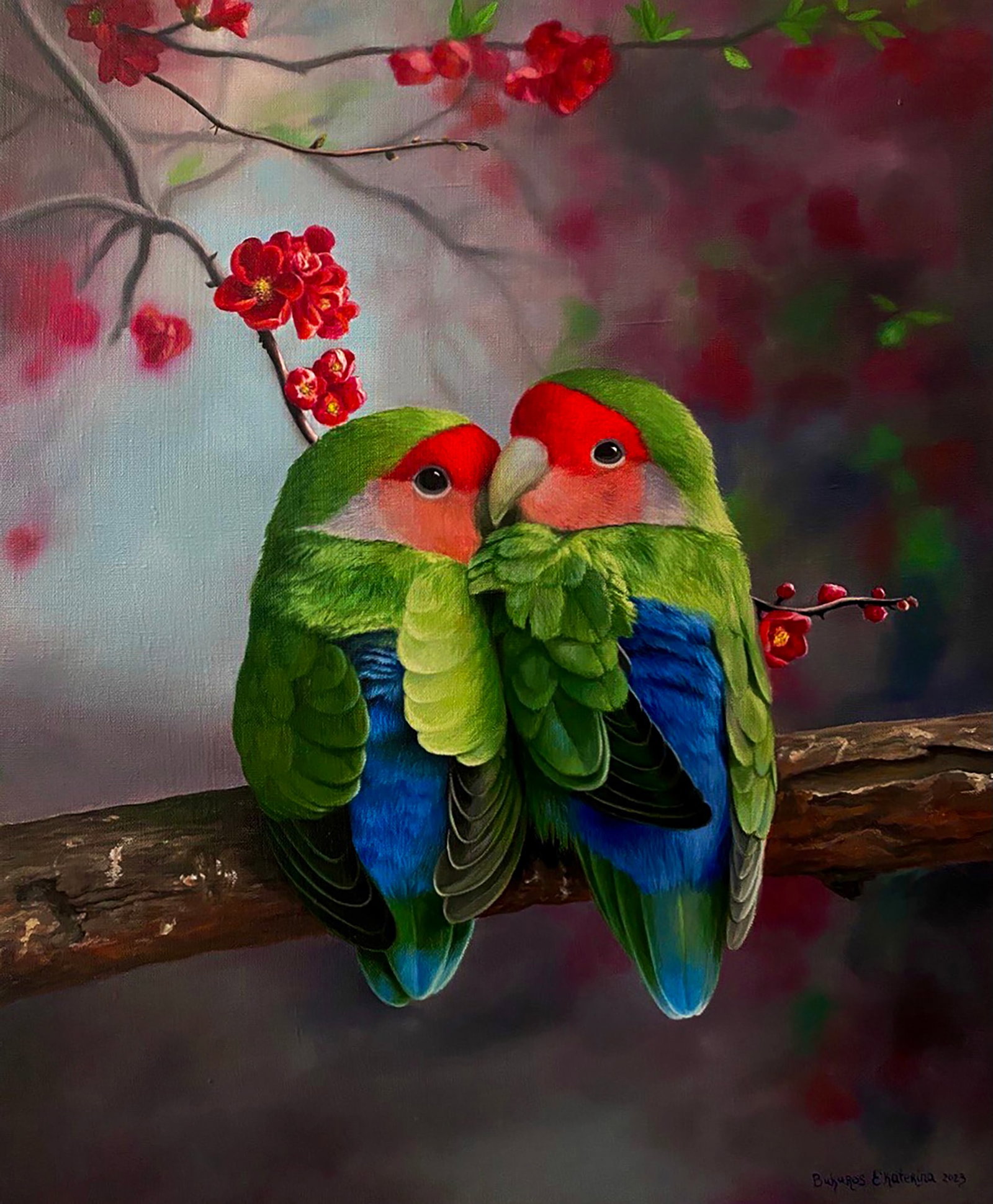 Oil painting Lovebirds on a Branch Kateryna Bukuros: Title: Oil painting Lovebirds on a Branch Kateryna Bukuros Description: 20BUKUR Painter: Kateryna Bukuros Size: 60x50 cm/23.62x19.68 inches Components: oil, canvas Original painting CONDITION: