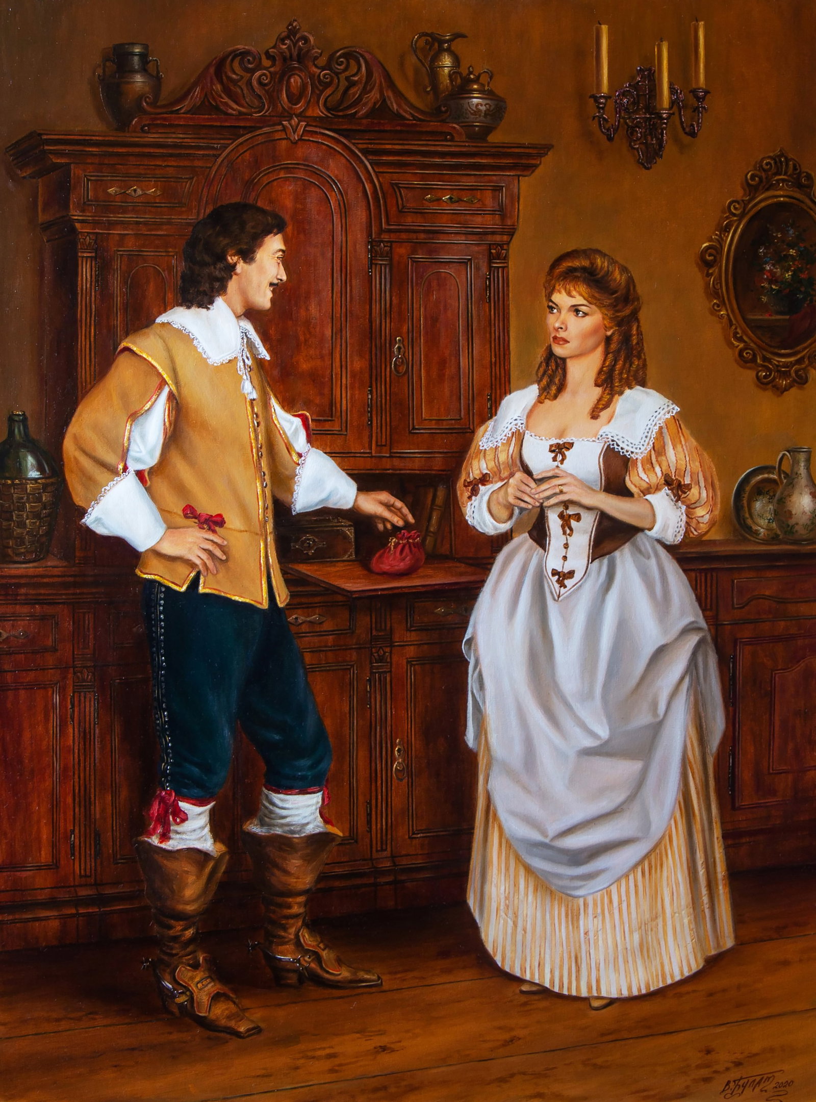 Oil painting Cardinal's money Valeriy Bulat: Title: Oil painting Cardinal's money Valeriy Bulat Description: 9BUL Painter: Valeriy Bulat Size: 80x60 cm/31.49x23.62 inches Components: oil, canvas Original painting - Based on A. Dumas's "The