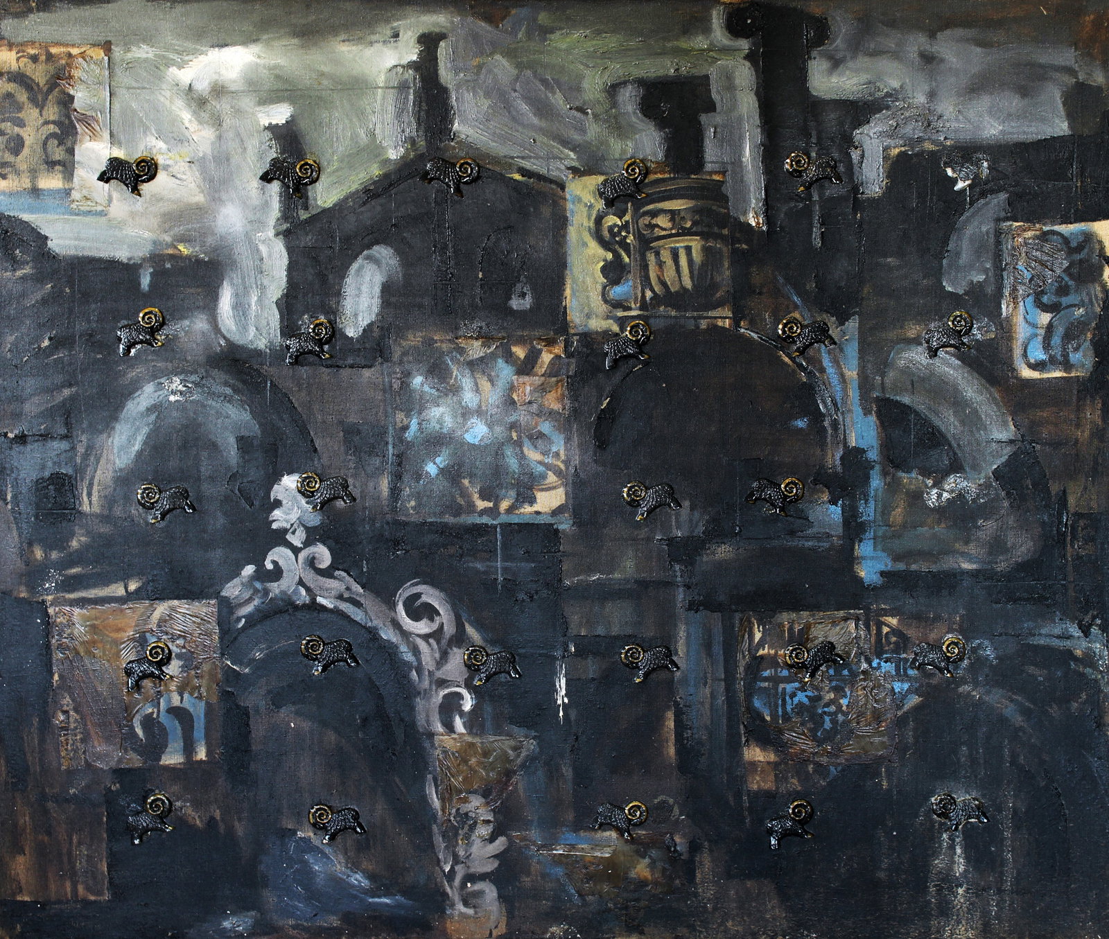 Oil painting City under siege Ed Potapenkov: Title: Oil painting City under siege Ed Potapenkov Description: 54POTAP Painter: Ed Potapenkov Size: 120x140 cm/47.24x55.11 inches Components: oil, canvas Original painting CONDITION: excellent