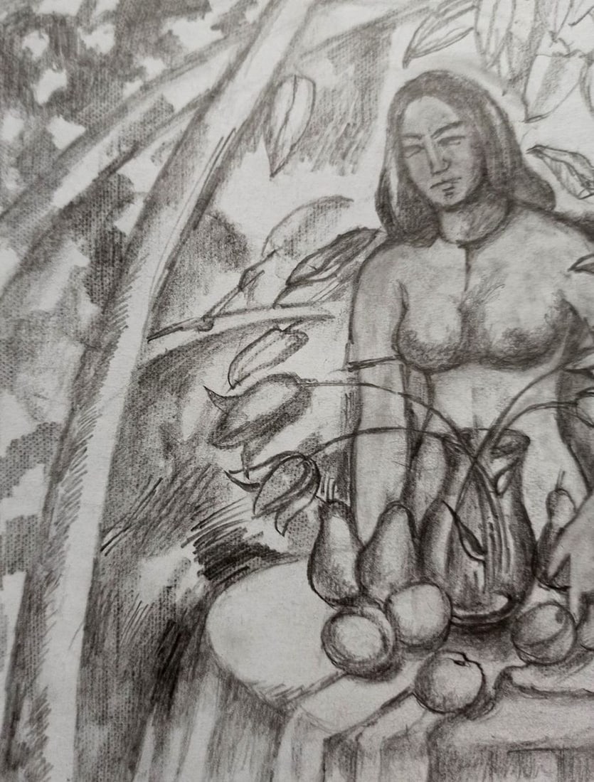 Pencil painting Naked girl at the table Peter Tovpev - 2