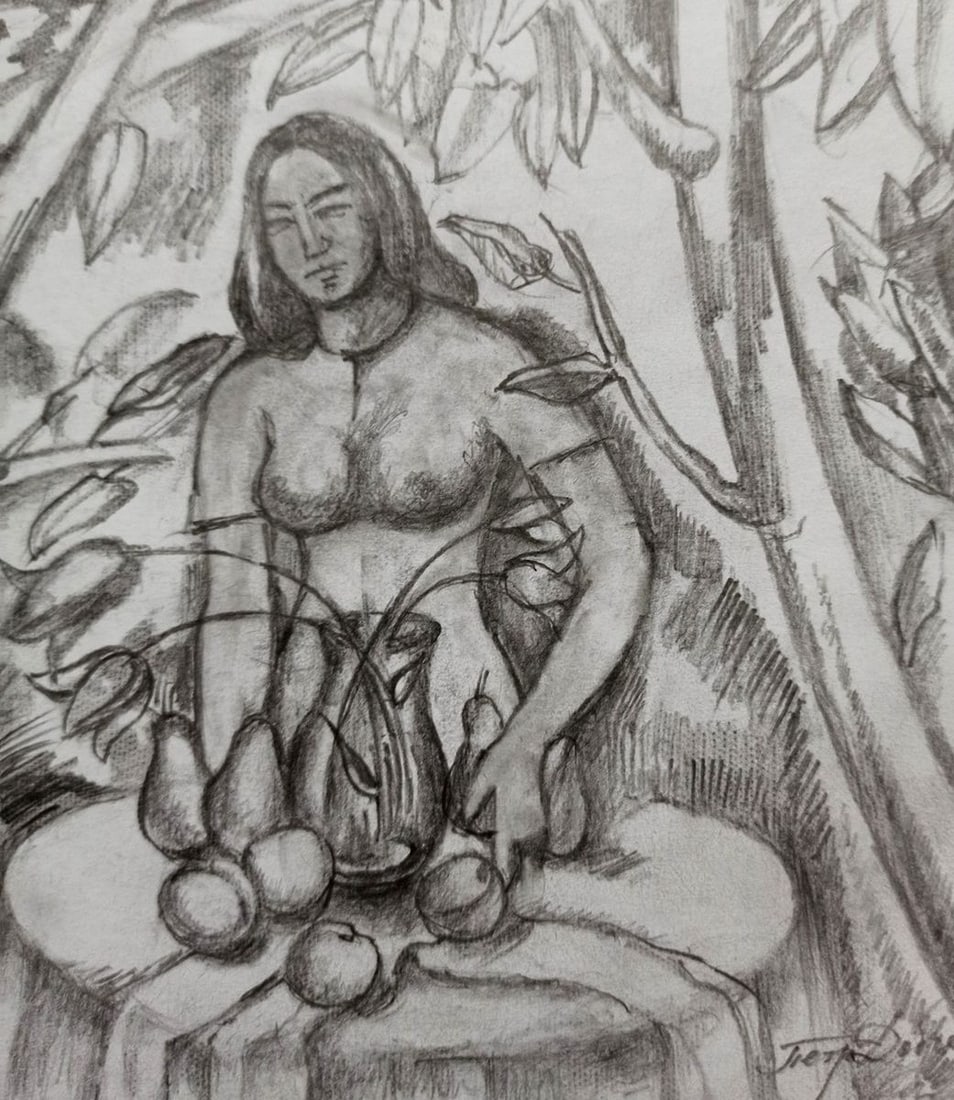 Pencil painting Naked girl at the table Peter Tovpev - 3