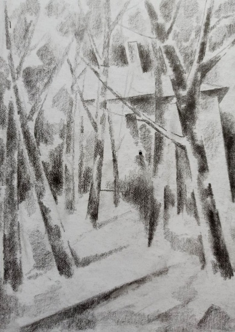 Abstract pencil painting Landscape with a house Peter Tovpev - 2